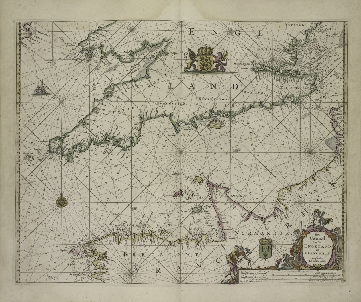 Antik Kanal haritası, 1666 (renkli gravür) by Pieter Goos
