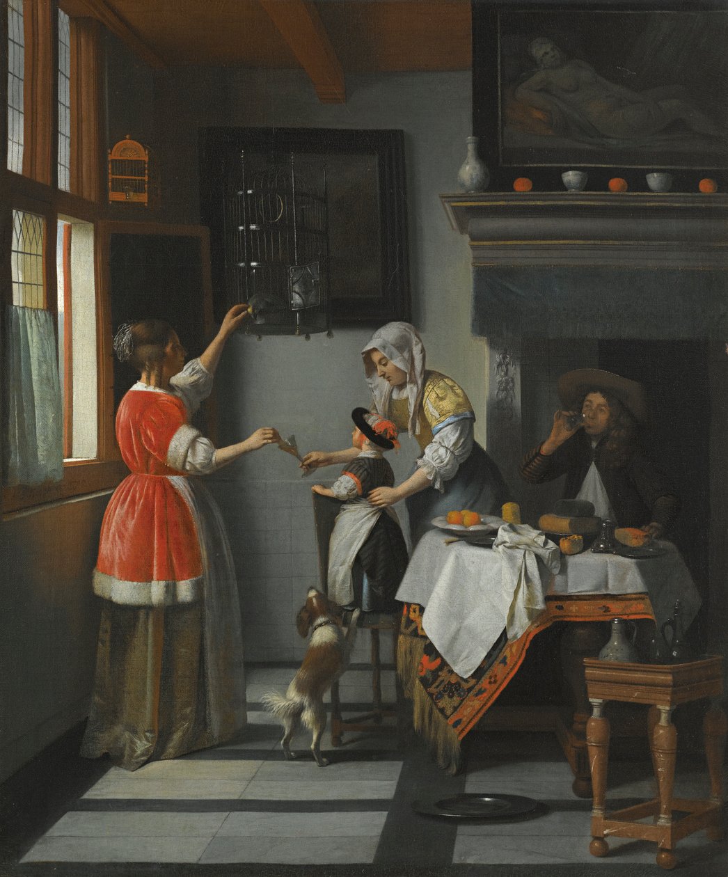Papağan Besleyen Bir Çocukla İç Mekan by Pieter de Hooch