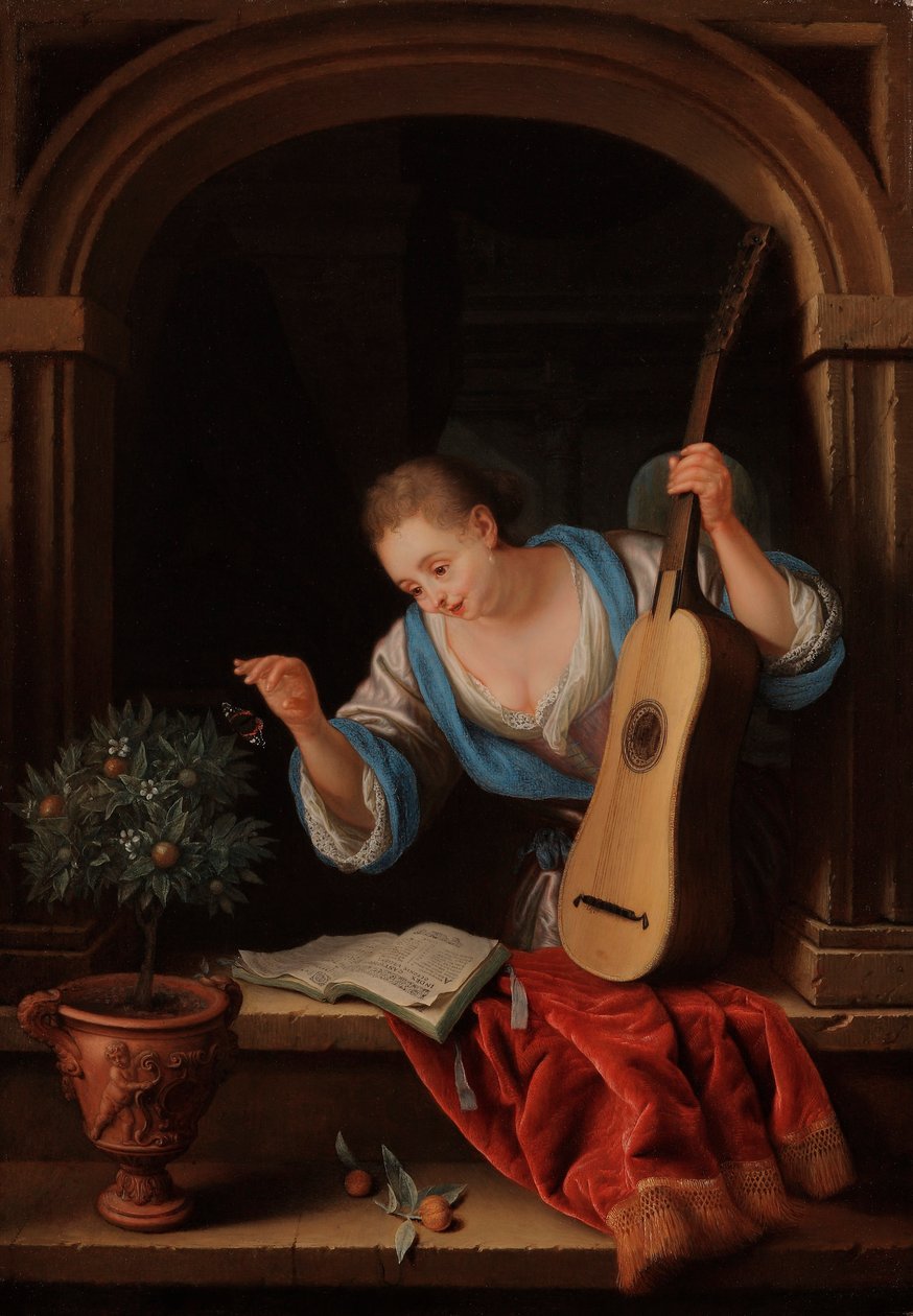 Bir pencere niş içinde bir gitar ile genç bir kadın by Pieter Leermans