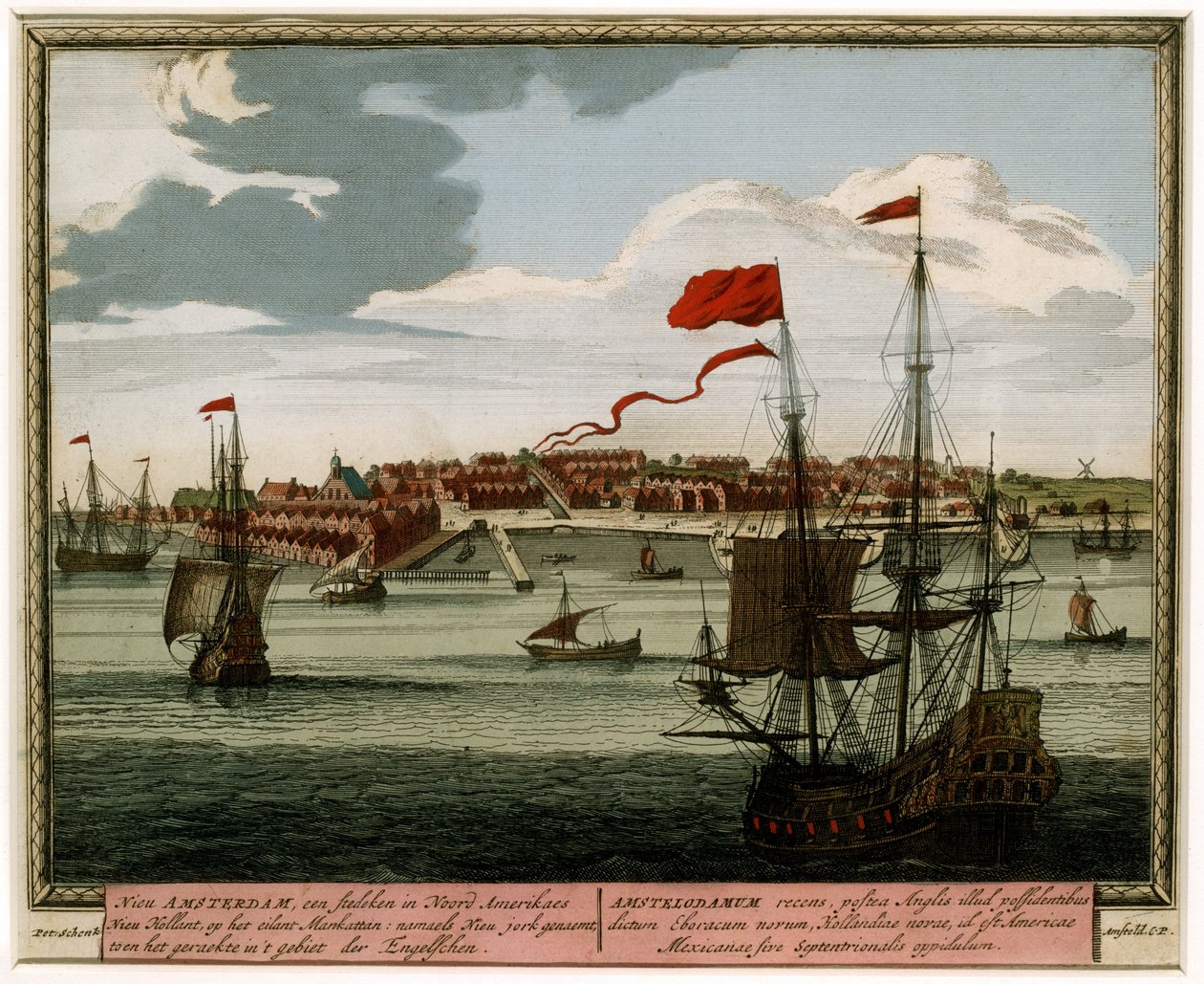 New Amsterdam from the Water, 1702 (el boyaması gravür) by Pieter Schenk