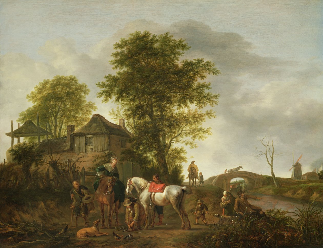 Bir kulübe ve atlılarla bir manzara by Pieter Wouwermans or Wouwerman