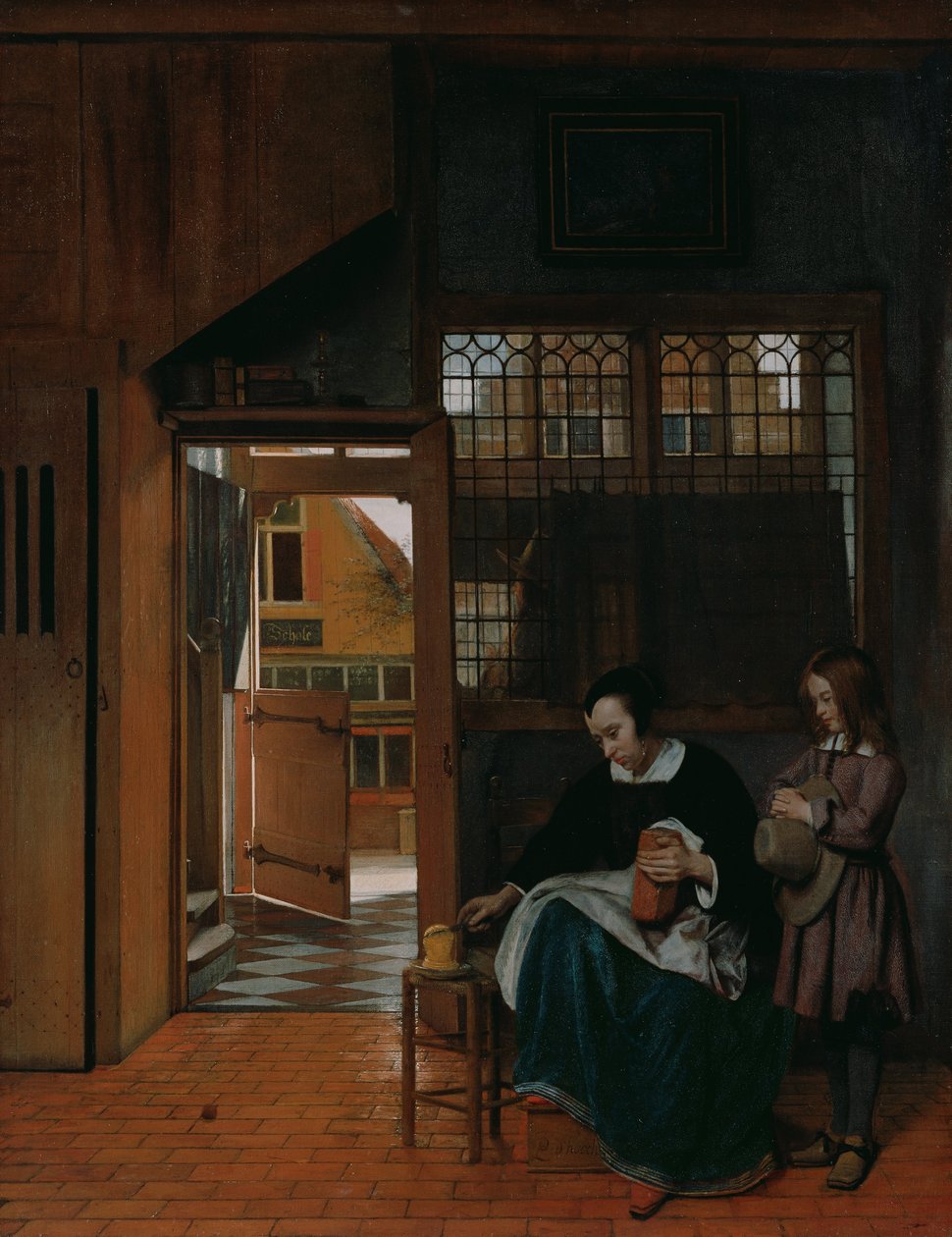 Bir Erkek için Tereyağı ve Ekmek Hazırlayan Kadın by Pieter de Hooch