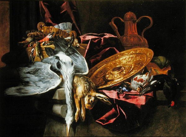 Oyun kuşları ile natürmort ve hepsi bir masanın üzerinde duran kabartmalı tabaklı bir tavşan by Pieter or Peter Boel