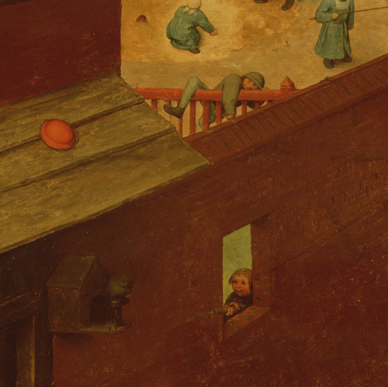 Çocuk Oyunları, bir çocuğun çitin üzerinden tırmandığını ve bir başkasının kuşa ateş ettiğini gösteren sol bölümden detay, 1560 by Pieter Bruegel the Elder