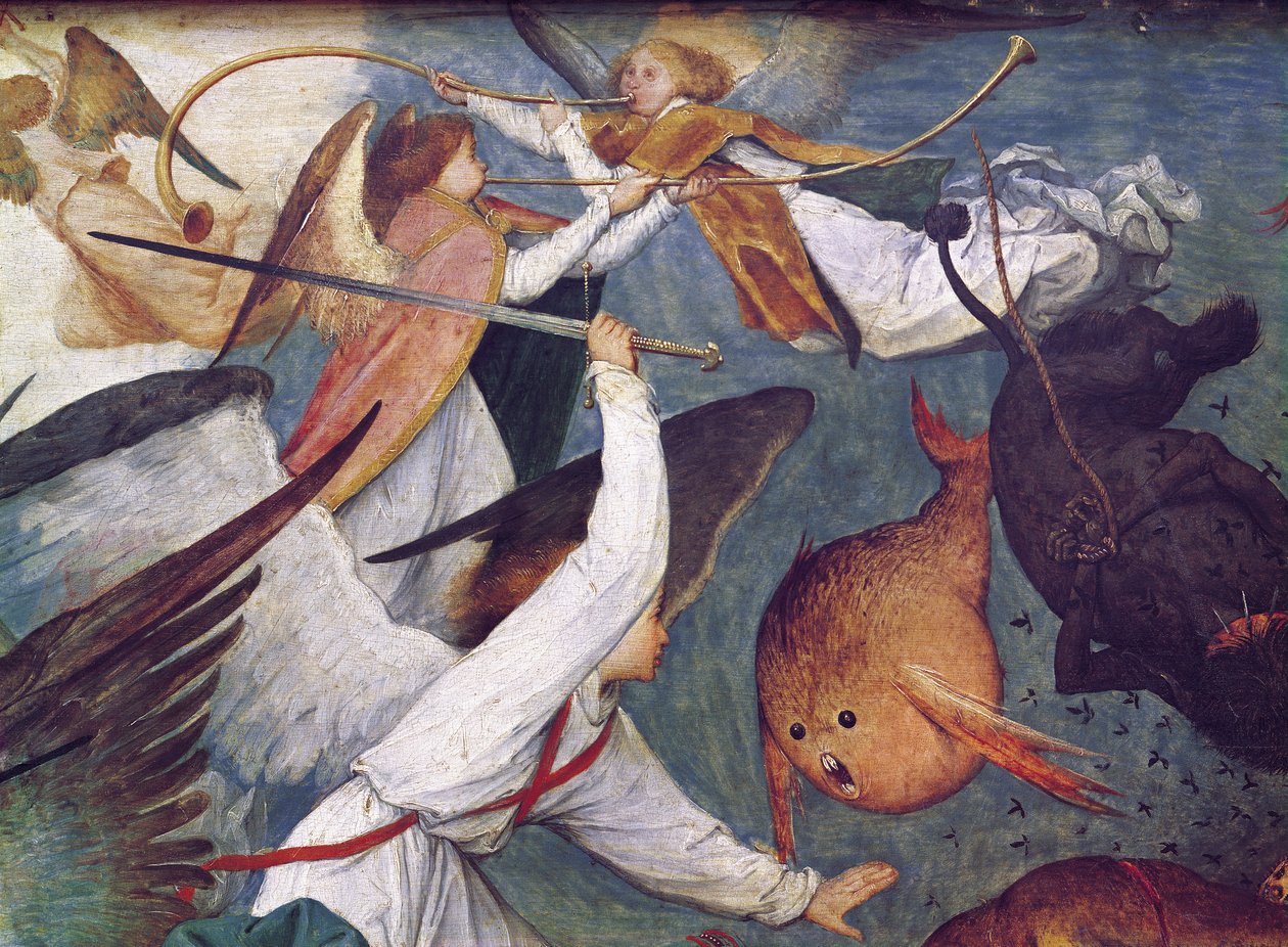 Asi Meleklerin Düşüşü, savaşan ve panelde müzik yağı çalan meleklerin detayı by Pieter Bruegel the Elder