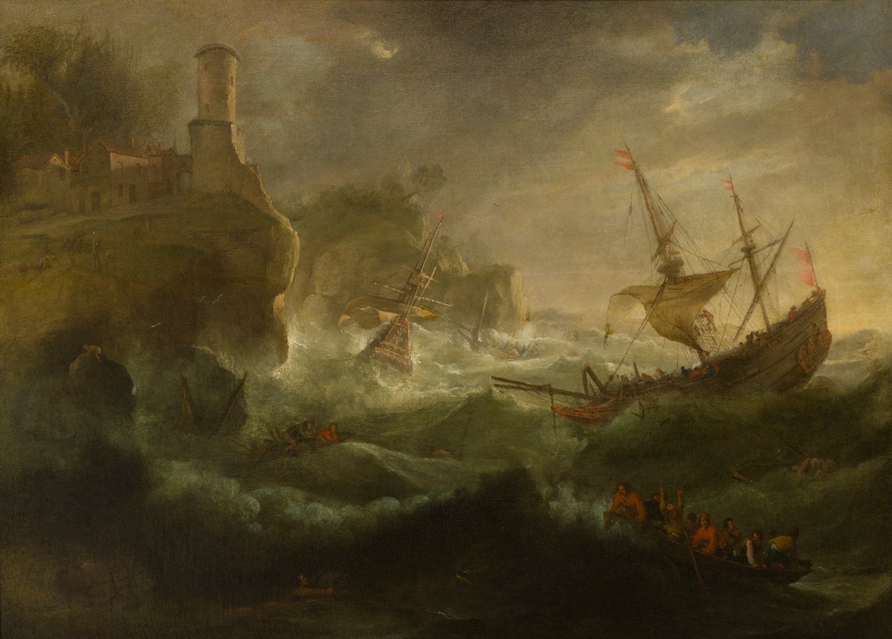 Kayalık Bir Sahilde Kuruyan Gemiler, c.1657-1701 (tuval üzerine yağlı boya) by follower of Pieter Mulier