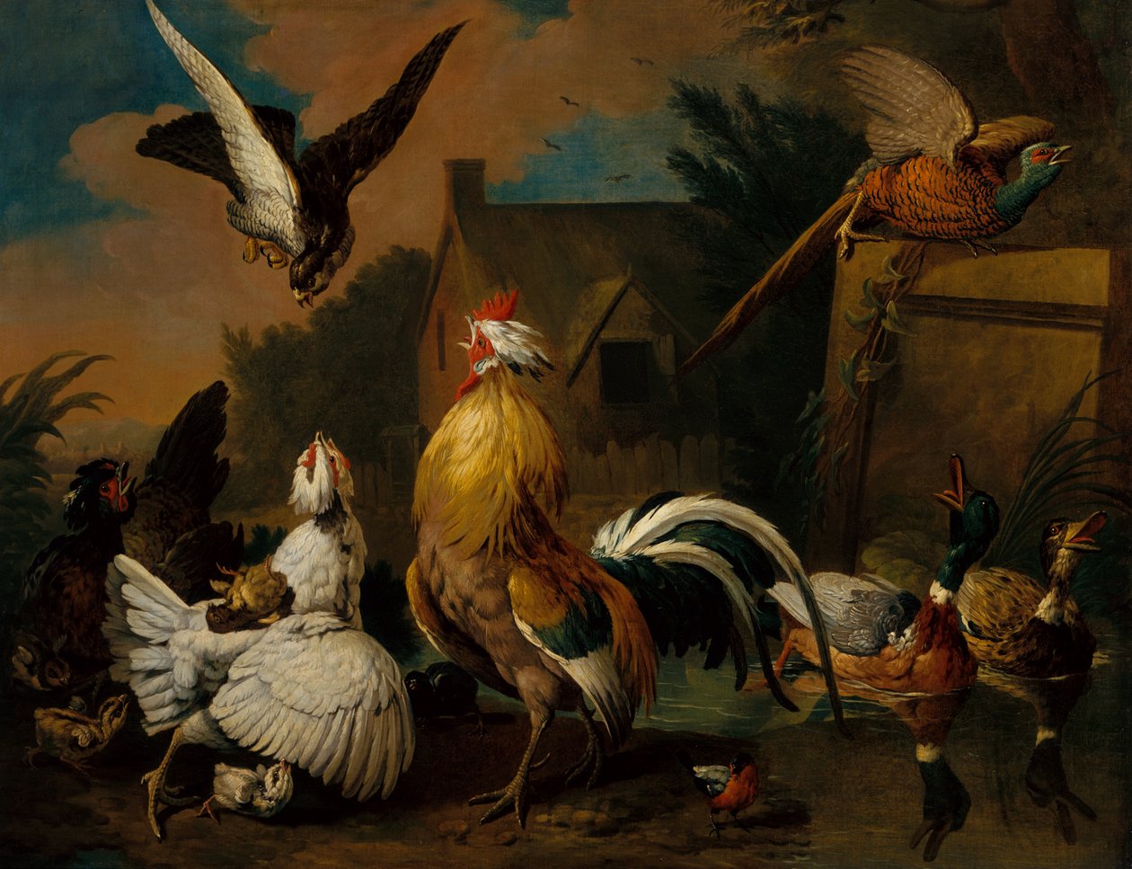 Çiftlik bahçesinde kümes hayvanlarına saldıran şahin (tuval üzerine yağlı boya) by Pieter (after) Casteels