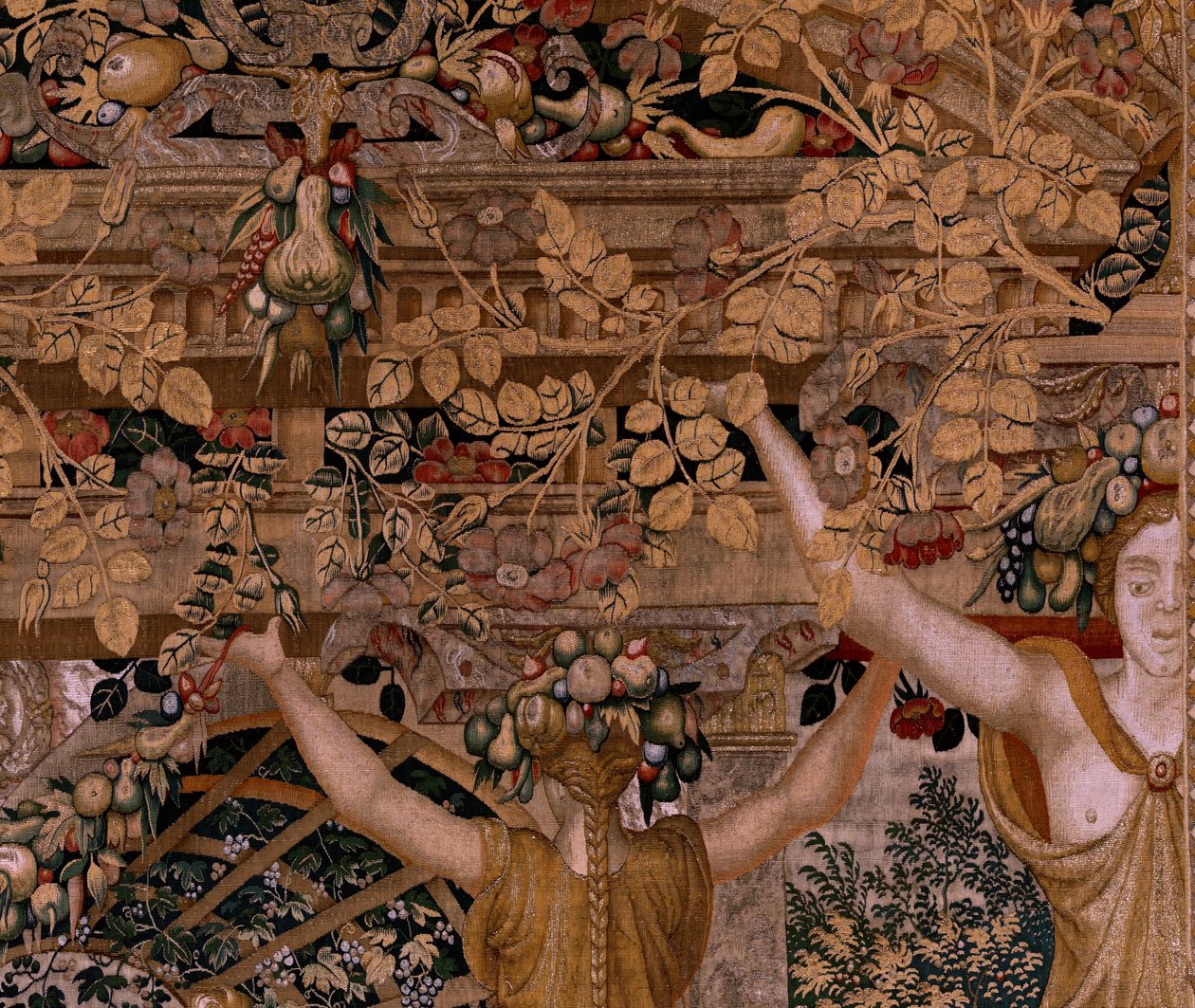 Flaman halısı. Vertumnus ve Pomona.Vertumnus serisi bir çiftçiye dönüştü. Serinin ikinci halısı. Sağ kısım perisi Myrrha