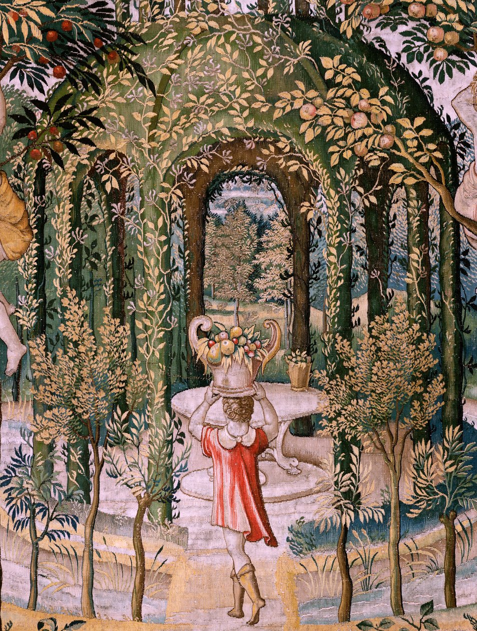 Flaman halısı. Vertumnus ve Pomona Serisi; Vertumnus bir bahçıvana dönüştü (Vertumno transformado en jardinero). Serinin beşinci halısı. Pieter Coecke Van Aelst ve Léonard Thiry