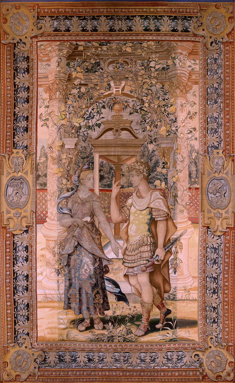 Flaman halısı. Vertumnus ve Pomona Serisi. Vertumnus bir savaşçıya dönüştü. Serinin dördüncü halısı. Pieter Coecke van Aelst