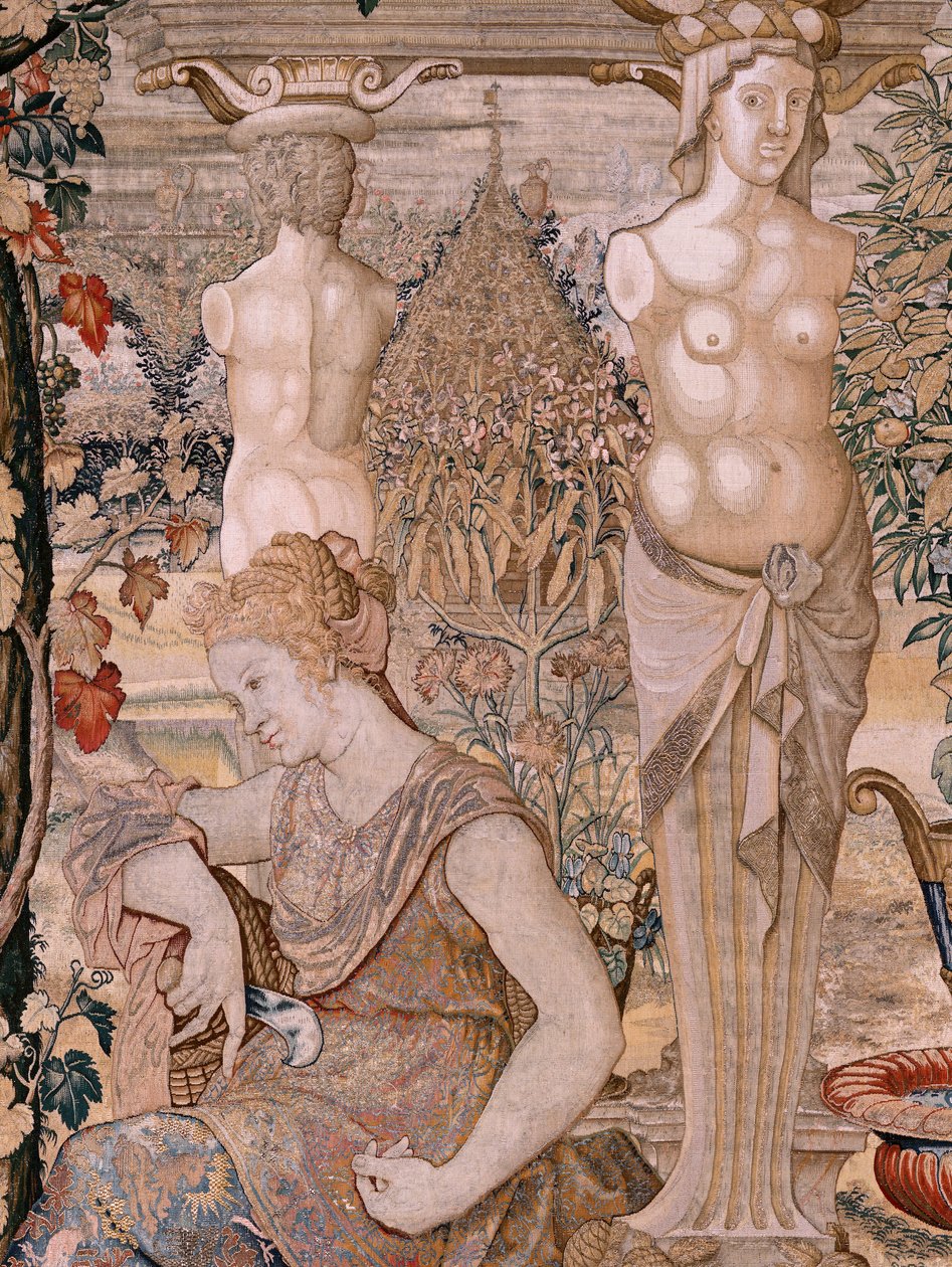 Flaman halısı. Vertumnus ve Pomona Serisi. Vertumnus yaşlı bir kadına dönüştü. Vertumnus yaşlı bir kadına dönüştü. Serinin altıncı halısı. Pieter Coecke van Aelst