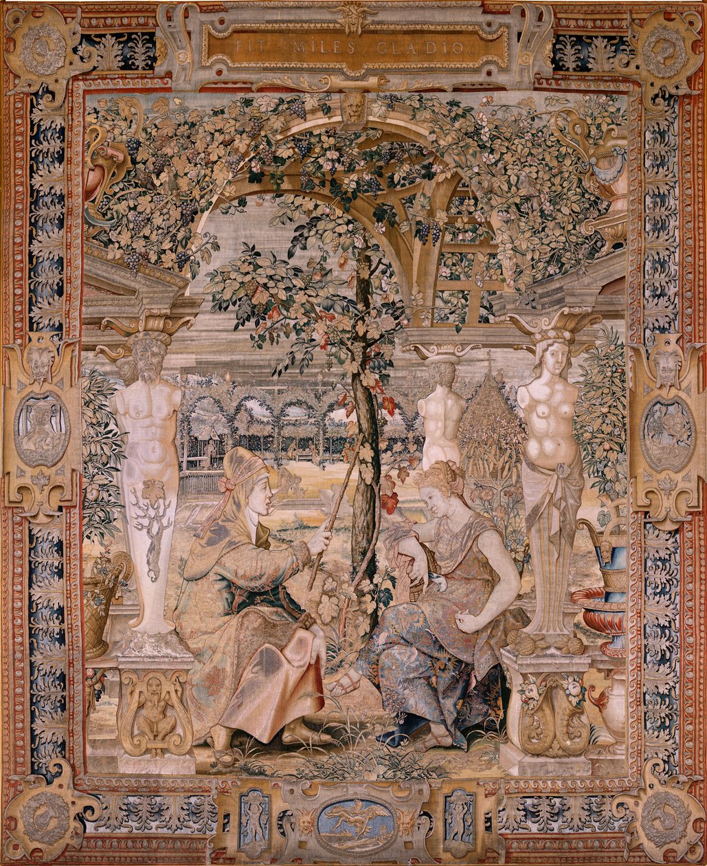 Flaman halısı. Vertumnus ve Pomona Serisi. Vertumnus yaşlı bir kadına dönüştü. Vertumnus yaşlı bir kadına dönüştü. Serinin altıncı halısı. Pieter Coecke van Aelst