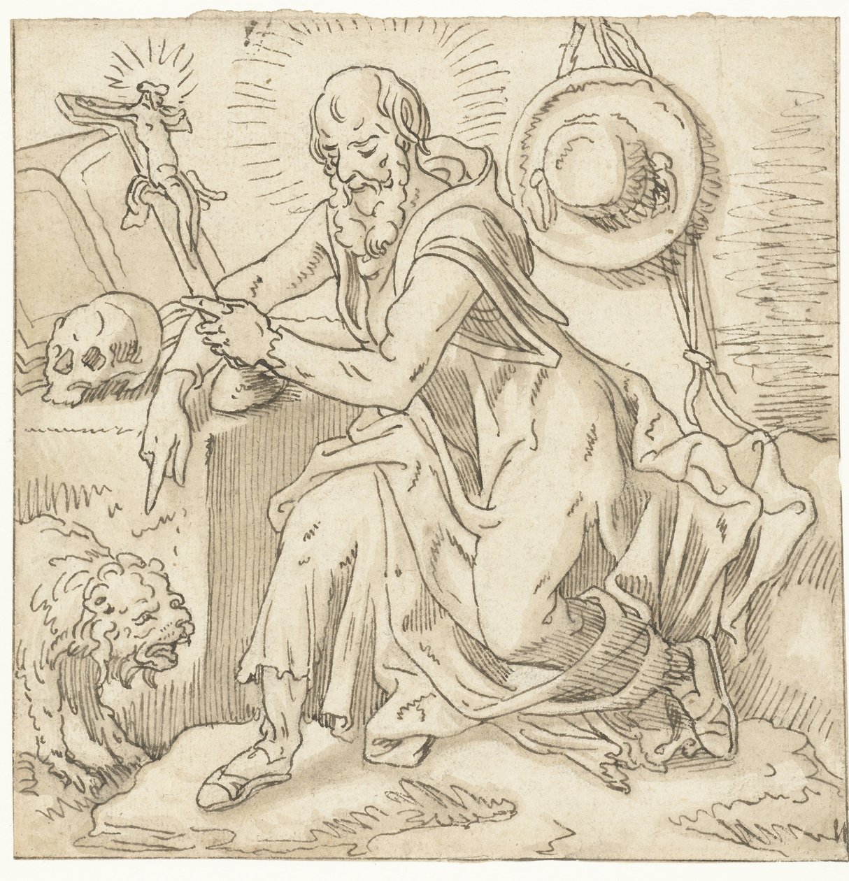 Bir haç, kitap ve kafatası tarafından oturan Aziz Jerome by Pieter Aertsen (workshop of)