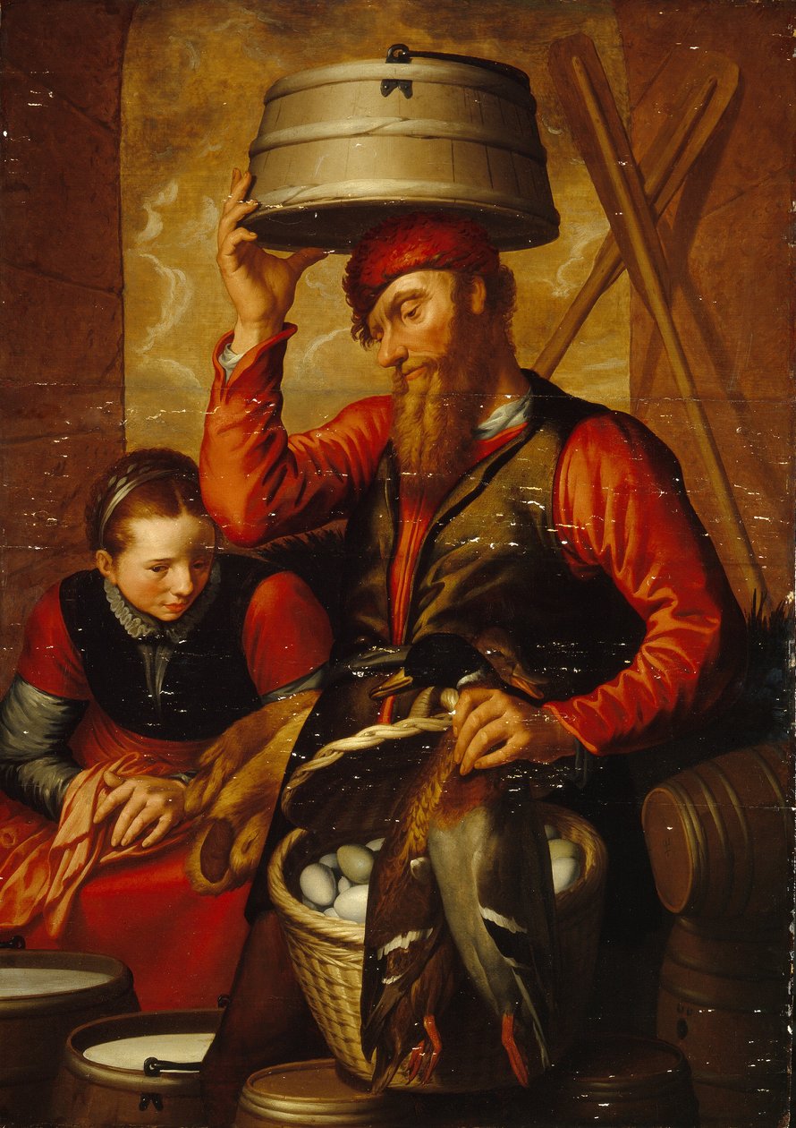 Kümes Hayvanları Satıcısı (Fowl Satıcısı). Geleneksel kıyafetli bir çift köylü, yumurta sepetlerini ve mallarını pazara hazırlar. Pieter Aertsen (1508-1575), ahşap üzerine yağlı boya by Pieter Aertsen