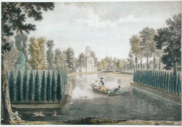 The Water Gardens at Chiswick House, Londra, c.1720-28 (renkli gravür) (ayrıca bkz. 176474) by Pieter Andreas (after) Rysbrack