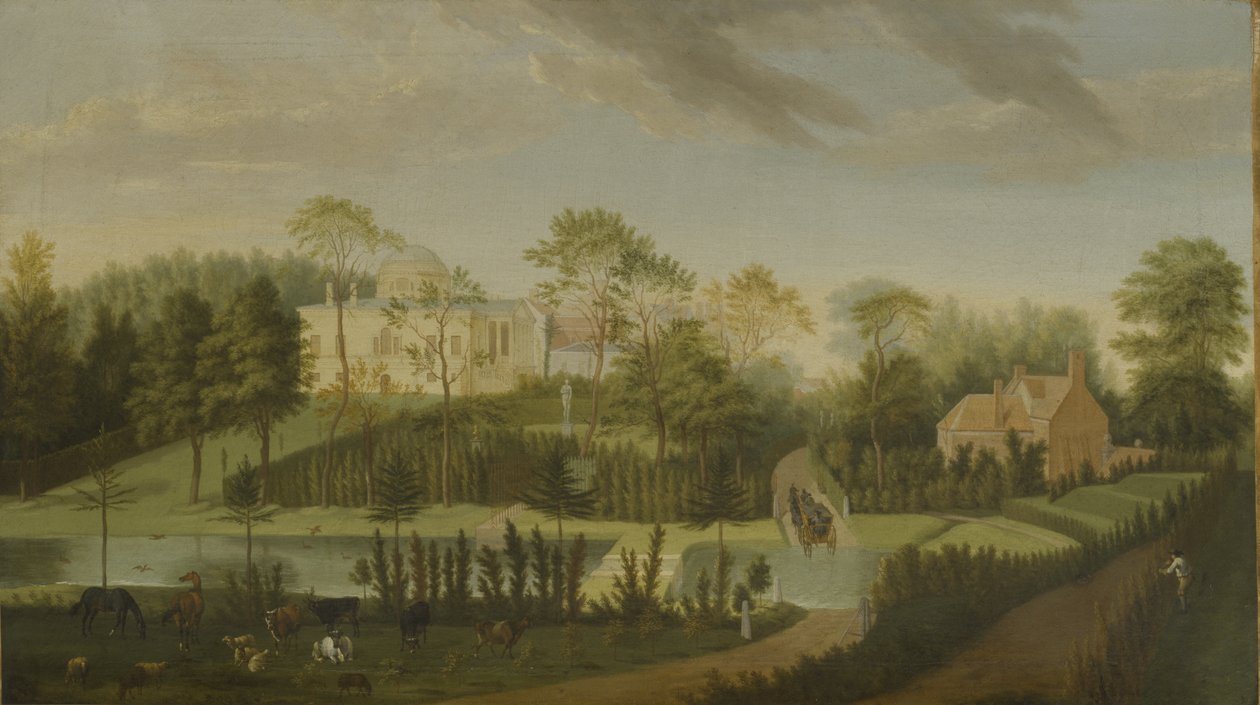 Kanal üzerinden villanın yan tarafına bakan terasın görünümü, Chiswick Villa (tuval üzerine yağlı boya) by Pieter Andreas Rysbrack