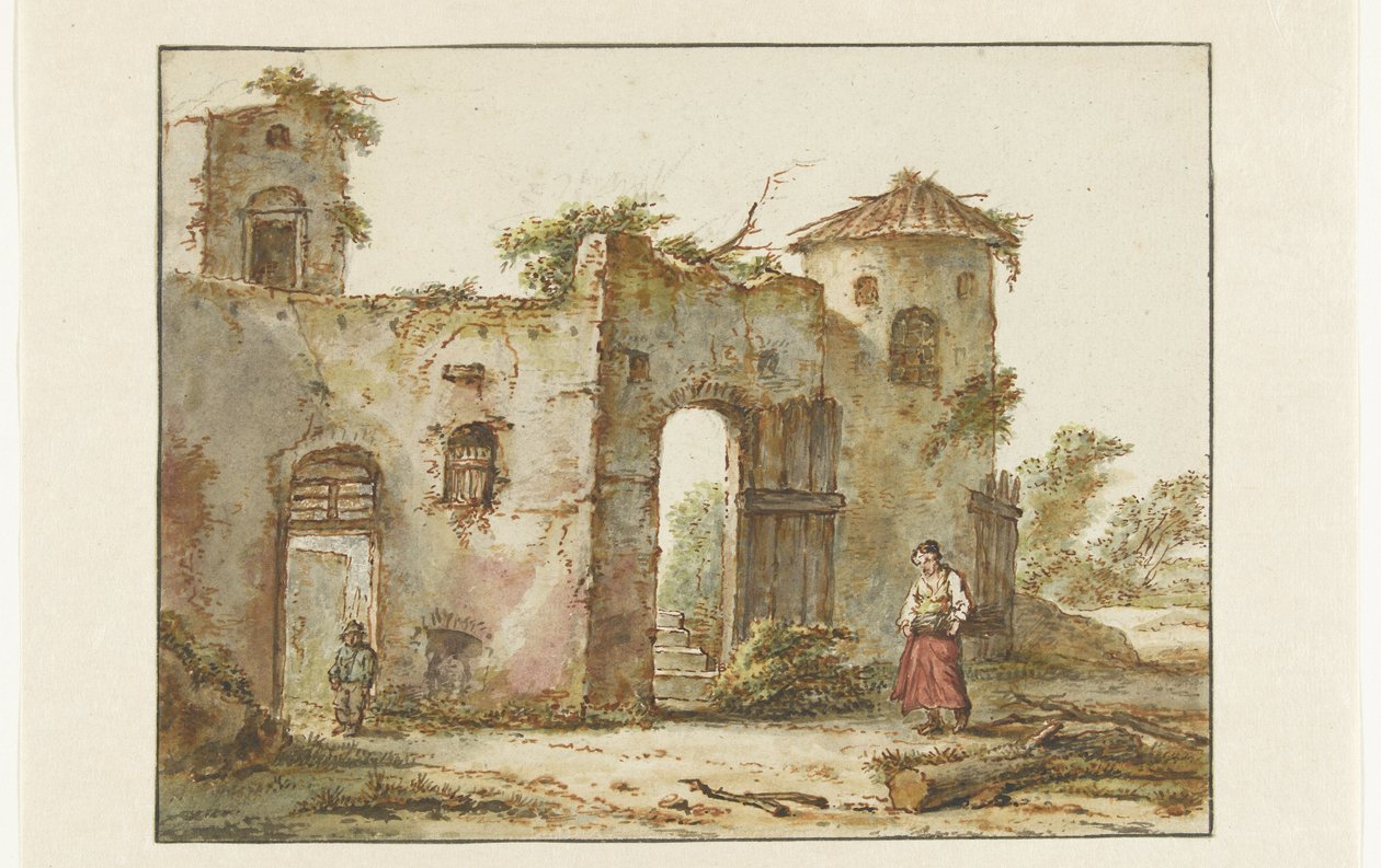Sağda bir odun toplayıcısı olan metruk bina by Pieter Bartholomeusz. Barbiers