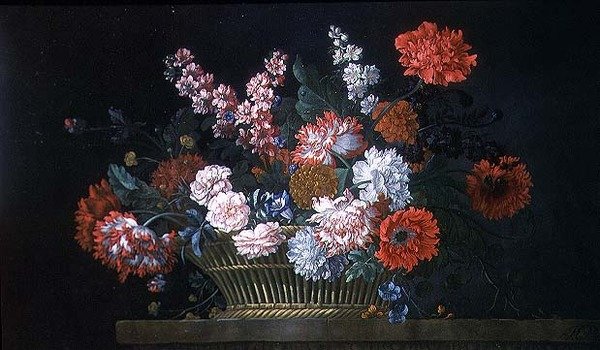 Bir Taş Çıkıntıya Oturan Sepette Karanfiller, Hisse Senetleri, Şakayıklar, Convolvulus ve Diğer Çiçeklerden Oluşan Bir Natürmort by Pieter Casteels
