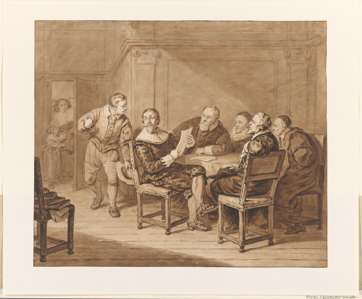 Hugo de Groot, karısının geldiğine dair bir mesaj alır. by Pieter Christoffel Wonder (signed by artist)