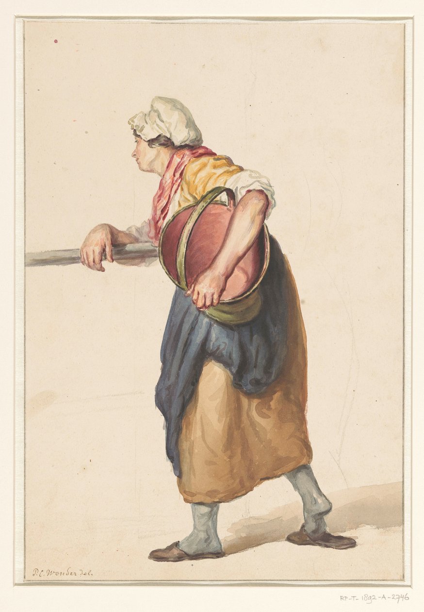 Kolunun altında bir kova ile duran kadın by Pieter Christoffel Wonder