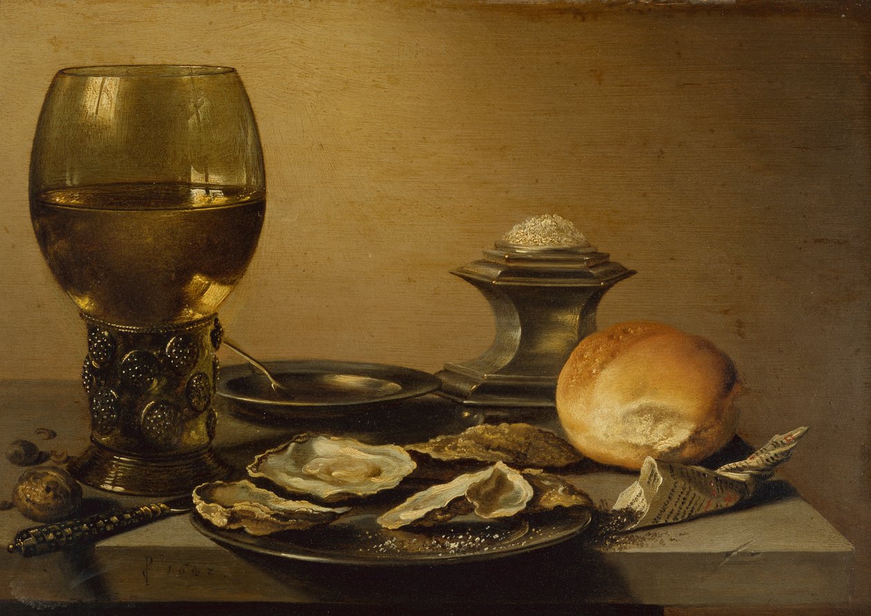 İstiridye, Tuzlu Ekmek ve Kuruyemişten Natürmort Bir Kahvaltı (yağ) by Pieter Claesz