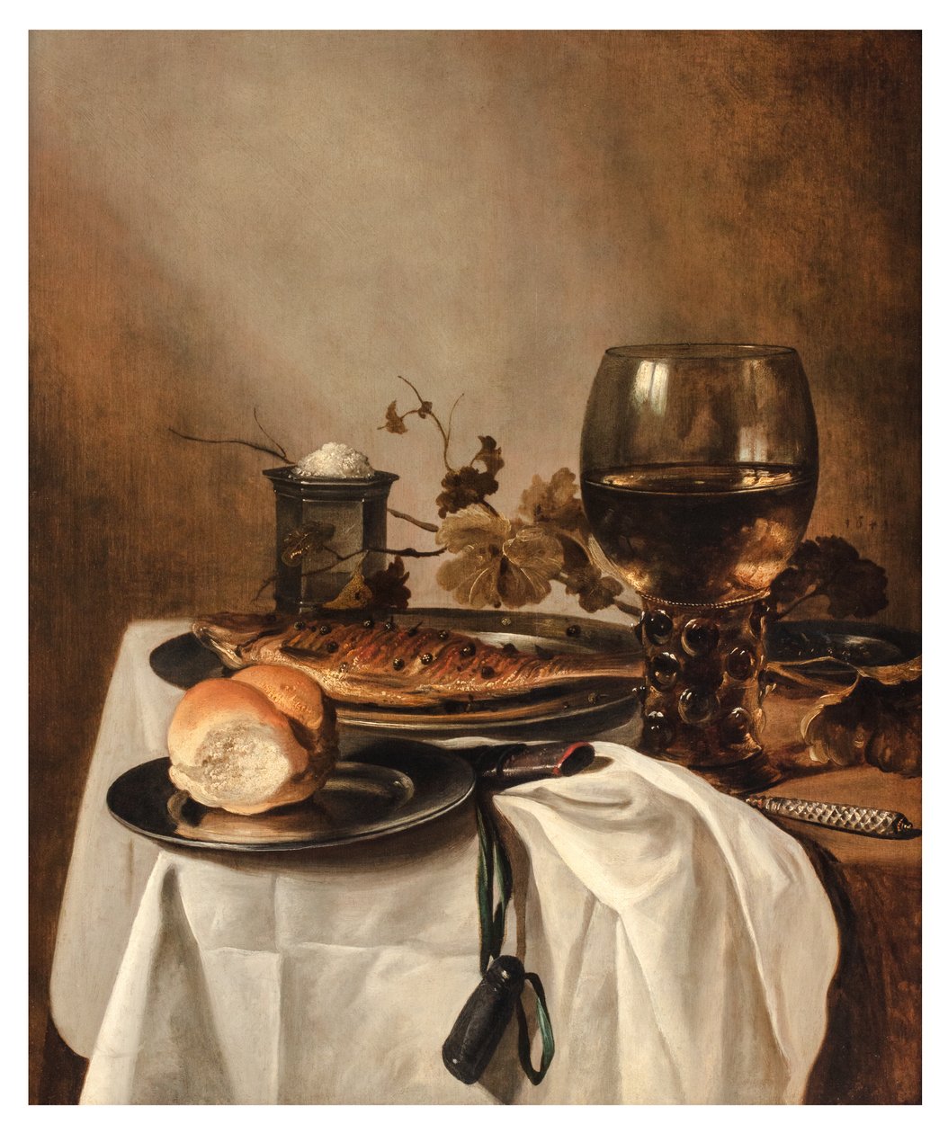 Drapeli Masada Rulo, Ringa, Gümüş Tuzluk, Büyük Roemer ve Bıçak, c.1644 (panelde yağ) by Pieter Claesz