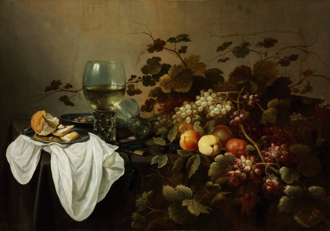Meyve ve Roemer ile Natürmort - Peinture de Pieter Claesz (c. 1597-1660) - 1644 - Tuval üzerine yağlı boya - 104,5x146 - Szepmuveszeti Muzeum, Budapeşte by Pieter Claesz