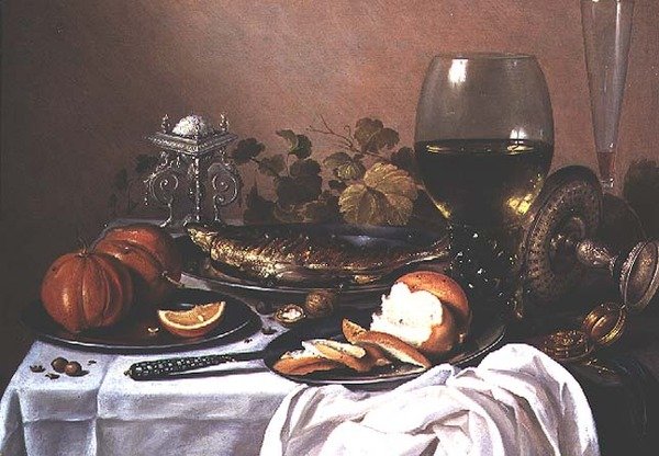 Uskumru, balkabağı ve ekmek ile natürmort by Pieter Claesz