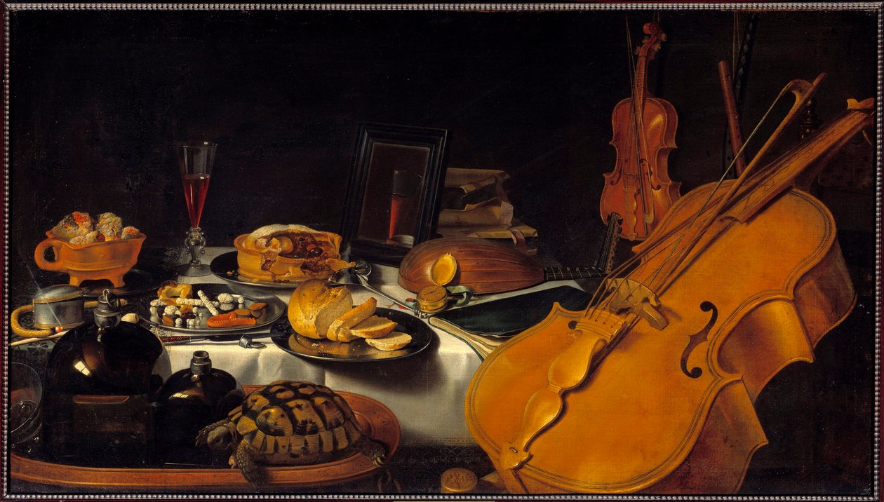 Müzik aletleriyle natürmort Bir kaplumbağa, bir turta, bir kadeh şarap, ekmek. Pieter Claesz (1597-1661) (ec.holl.) tarafından yapılan resim 1623 Sun. 0,69x1,22 m by Pieter Claesz