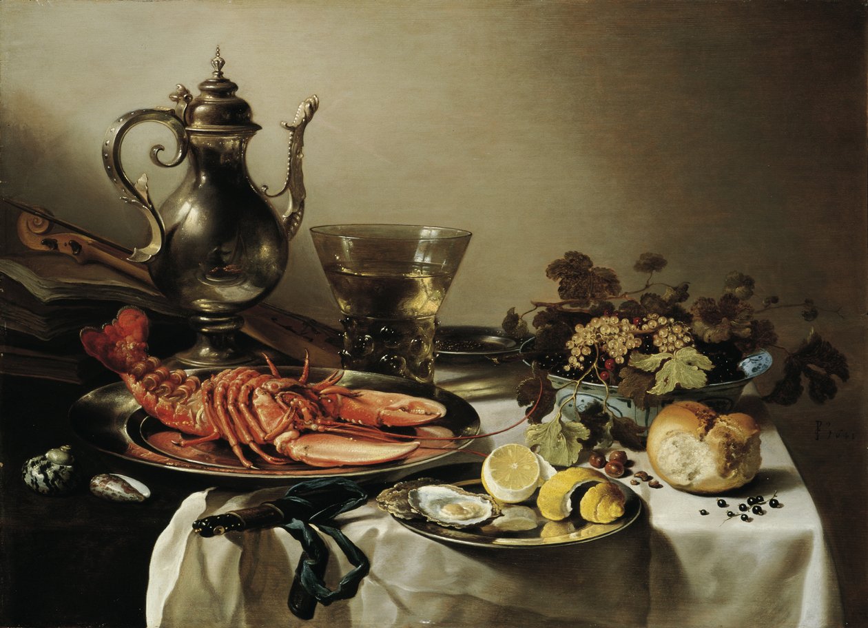 Istakoz, gümüş sürahi, büyük Berkemeyer, meyve tabağı, keman ve kitaplarla dolu masa, 1641 by Pieter Claesz