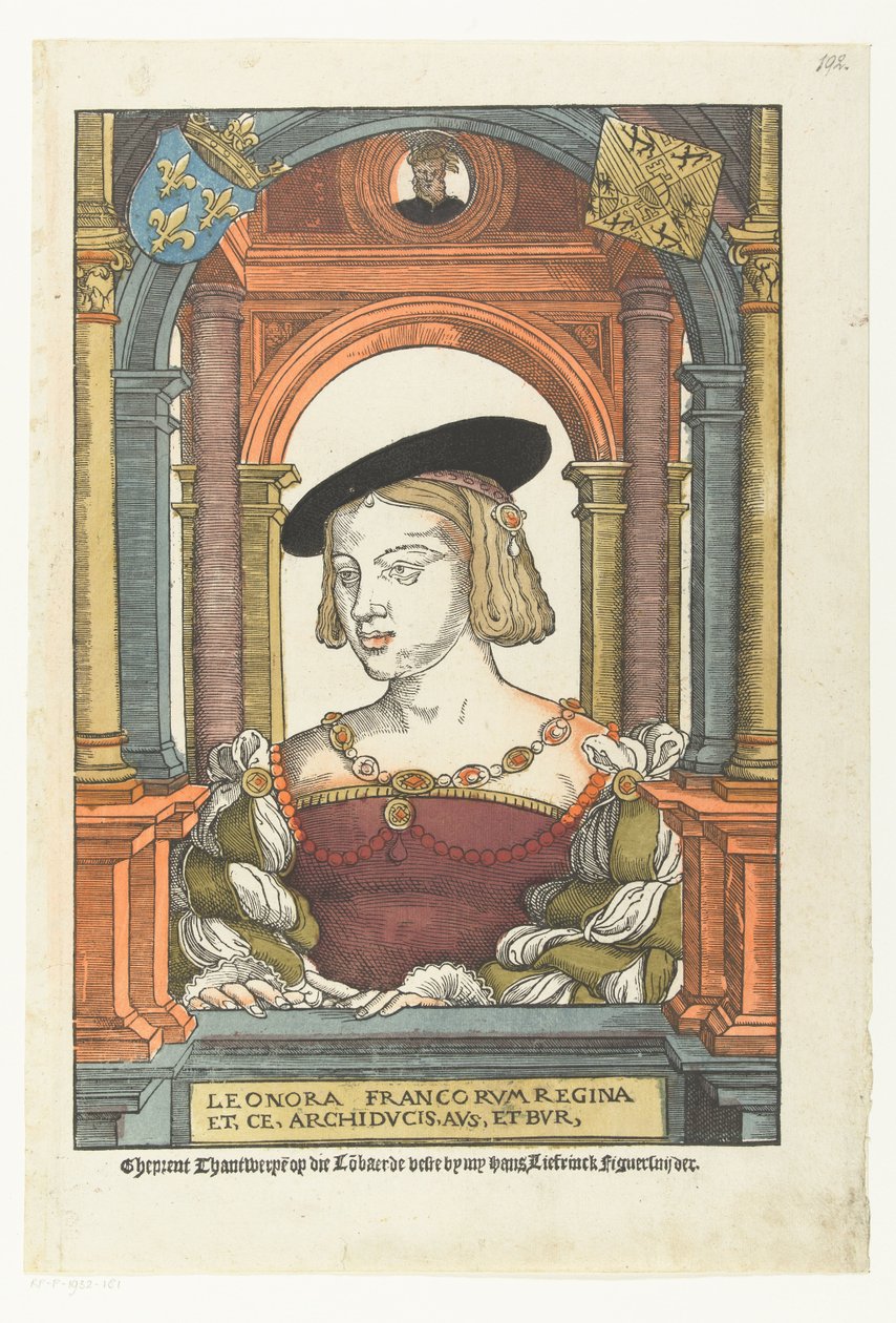 Portret van Eleonora van Frankrijk Frankların Leonora kraliçesi ve, ce, arşidük, aus ve bur (nesne üzerindeki başlık) by Pieter Coecke van Aelst (I) (circle of)