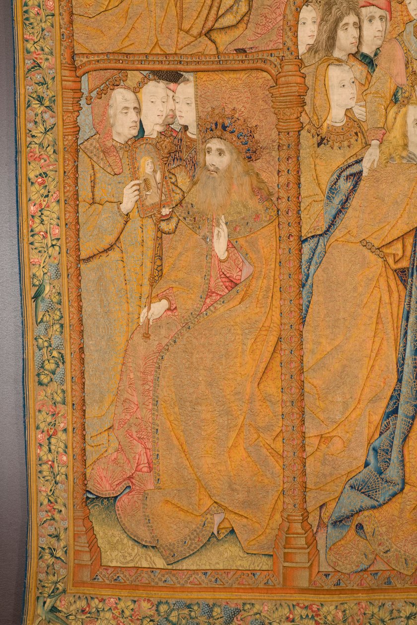 Flaman halısı. Duyuru. Detay, c.1502-04 (altın, gümüş, ipek ve yün) by Pieter Coecke van Aelst