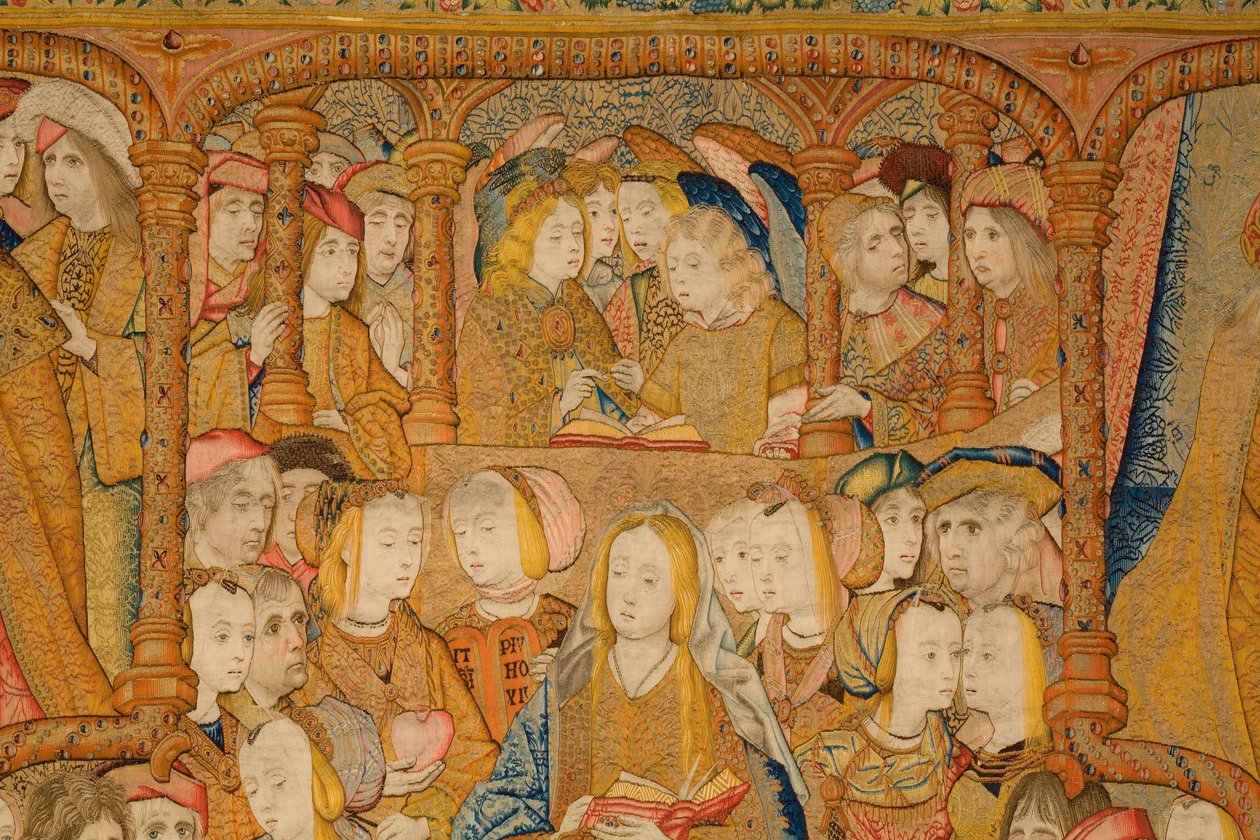 Flaman halısı. Duyuru. Detay, c.1502-04 (altın, gümüş, ipek ve yün) by Pieter Coecke van Aelst