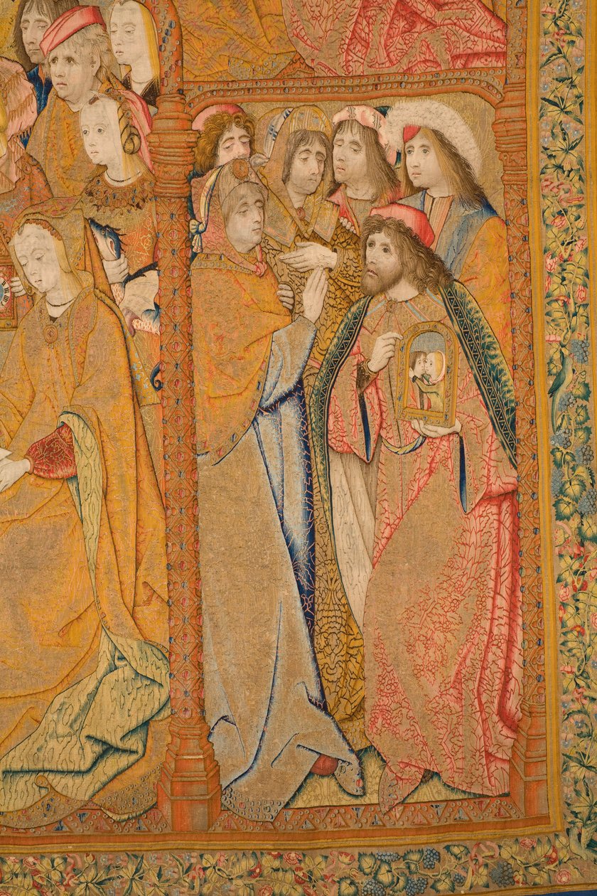 Flaman halısı. Duyuru. Detay, c.1502-04 (altın, gümüş, ipek ve yün) by Pieter Coecke van Aelst