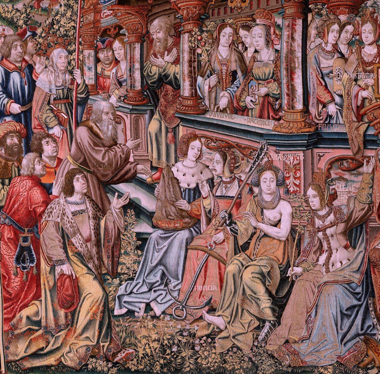 Flaman halısı. Seri Onur. Erdem (La Virtu, El Vicio). Serideki sekizinci goblen. Bernard van Orley ve Jan Gossaert (Mabuse) çevresinden Model Karikatürcüler. Pieter van Aelst, Brüksel imalatı. Ca 1550. Kumaş Altın, gümüş, ipek a by Pieter Coecke van Aelst