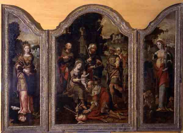 Magi ve iki azizin tapınmasını tasvir eden üç parça (panelde yağlı boya) by Pieter Coecke van Aelst
