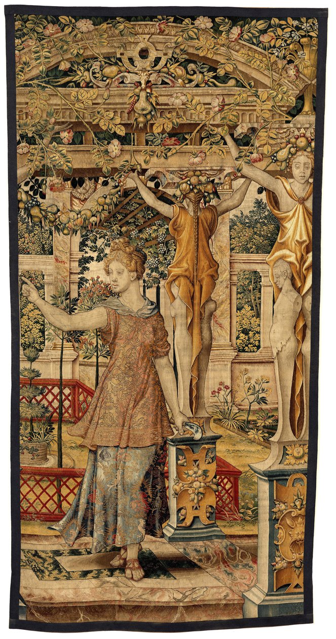 Vertumnus ve Pomona: Vertumnus bir çiftçiye dönüştü, yaklaşık 1550 (altın, yün ve ipek) by Pieter Coecke van Aelst