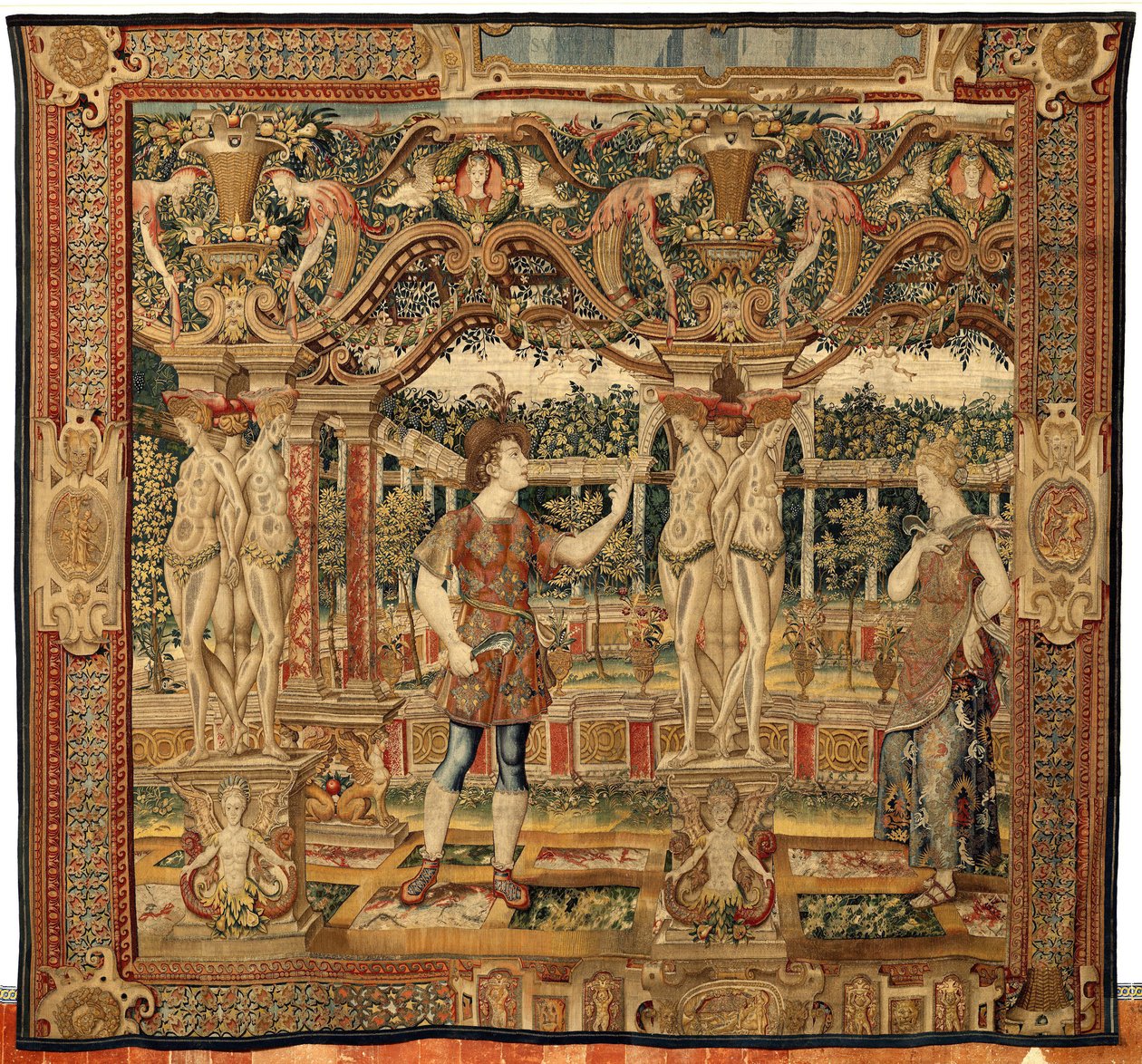 Vertumnus ve Pomona: Vertumnus bir budayıcıya dönüştü, yaklaşık 1550 (altın, yün ve ipek) by Pieter Coecke van Aelst