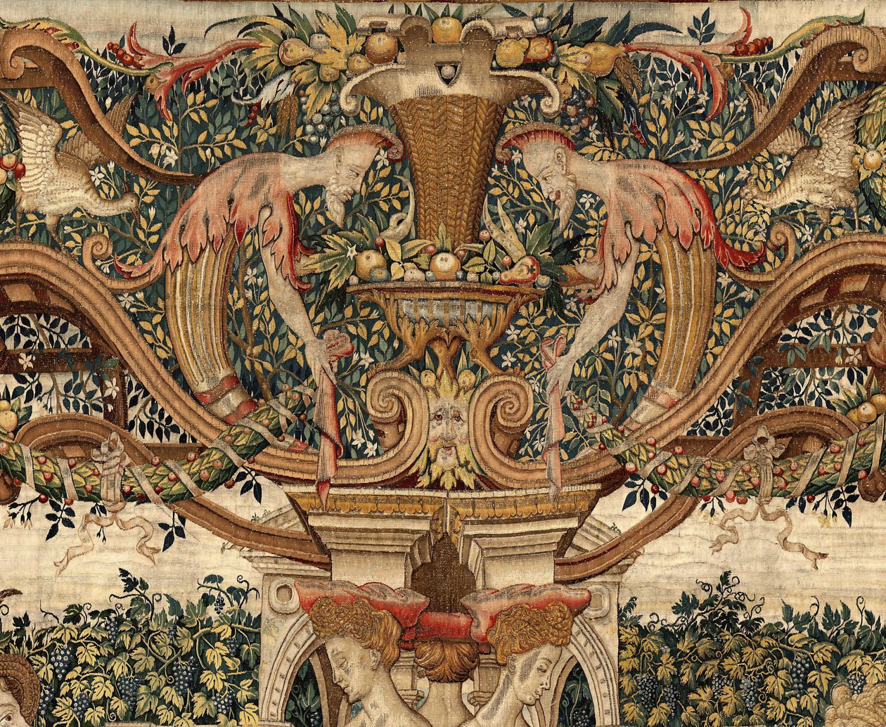 Vertumnus ve Pomona: Vertumnus bir budayıcıya dönüştü, yaklaşık 1550 (altın, yün ve ipek) by Pieter Coecke van Aelst