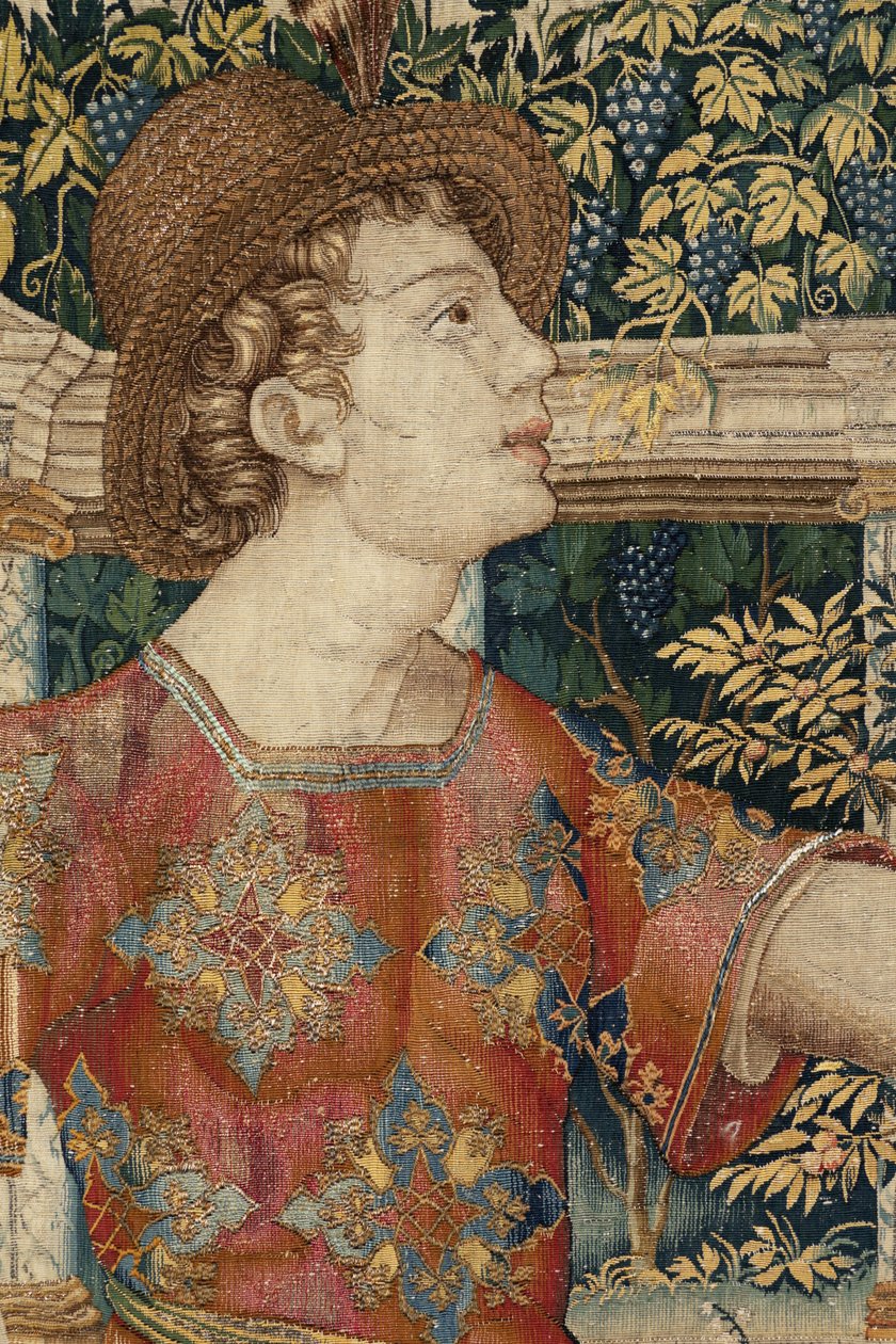 Vertumnus ve Pomona: Vertumnus bir budayıcıya dönüştü, yaklaşık 1550 (altın, yün ve ipek) by Pieter Coecke van Aelst