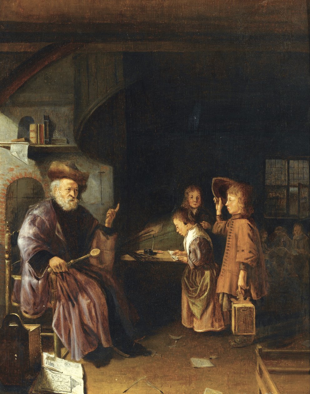 Bir sınıfta öğrencilerine ders veren bir öğretmen, 17. yüzyılın ortalarında by Pieter Cornelisz. van Egmondt