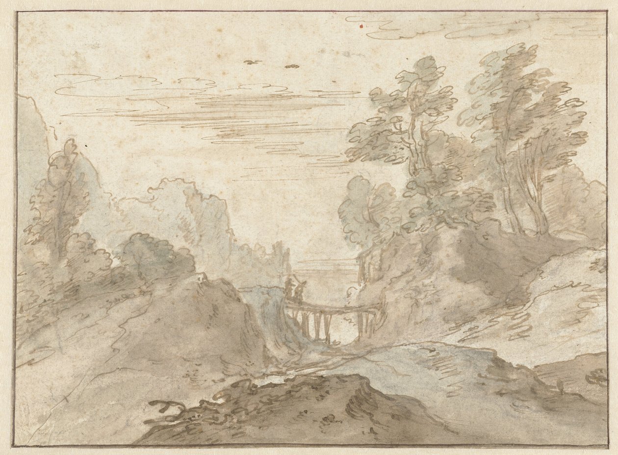 Dar bir köprüde iki figürlü dağ manzarası by Pieter Dircksz van Santvoort (possibly)