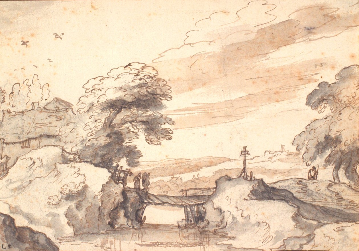 Bir dere üzerinde eski bir köprü ile manzara by Pieter Dircksz van Santvoort