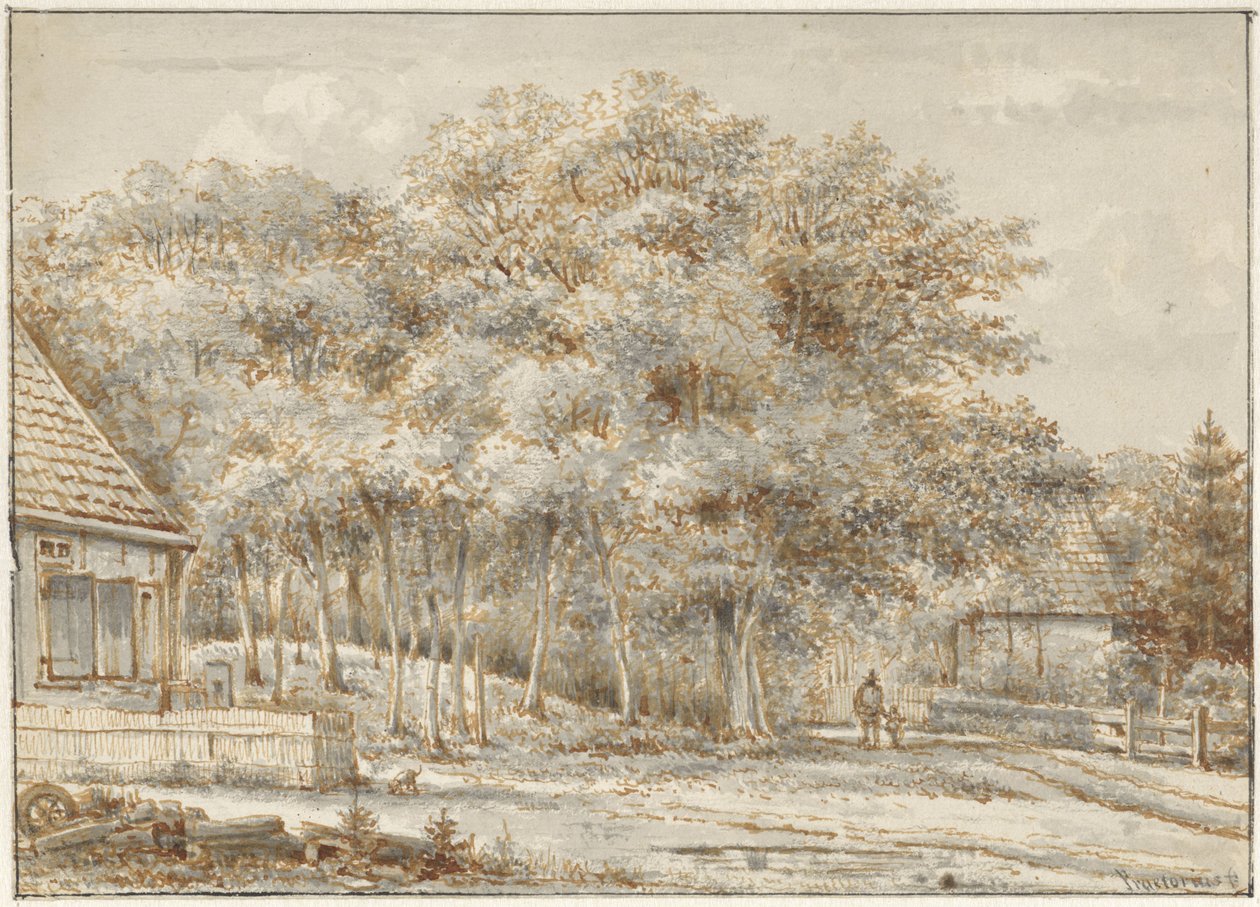 İki ev ile orman yolu by Pieter Ernst Hendrik Praetorius