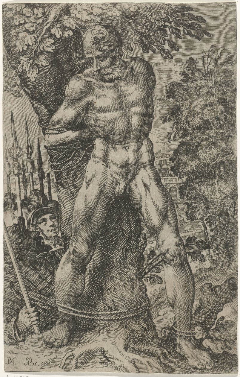 Achior bir ağaca bağlı by Pieter Feddes van Harlingen