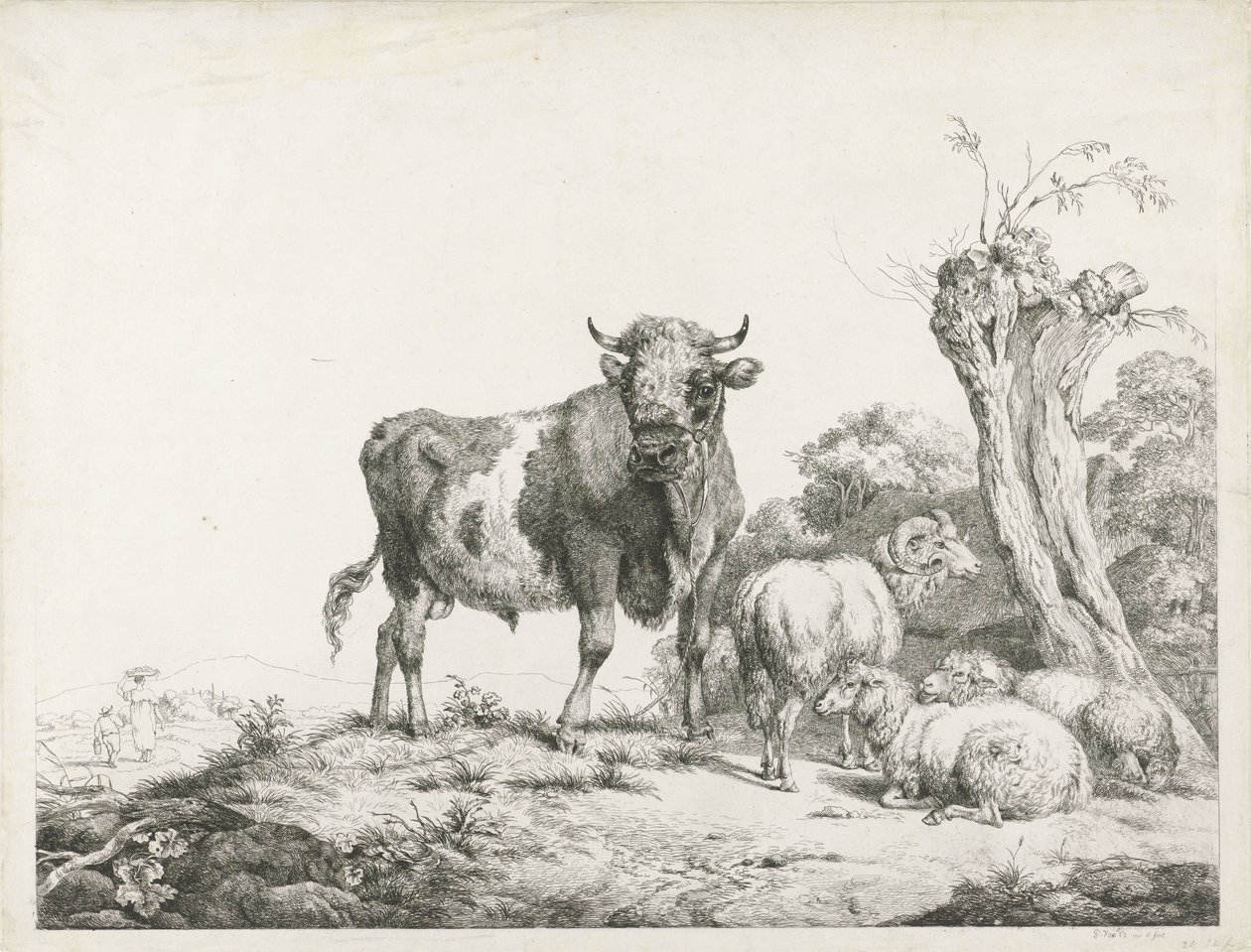 Bir boğa, bir koç ve bir söğüt söğütünün yanında yatan iki koyun by Pieter Gerardus van Os