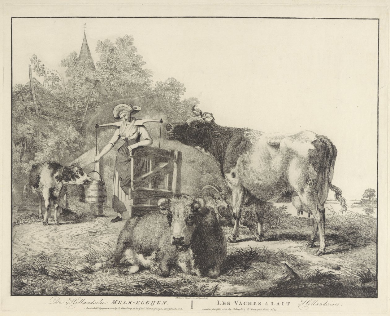 İnekler ve bir sütçü De Hollandsche Melk-koeijen/ Les vaches â lait hollandaises (nesne üzerindeki başlık) by Pieter Gerardus van Os