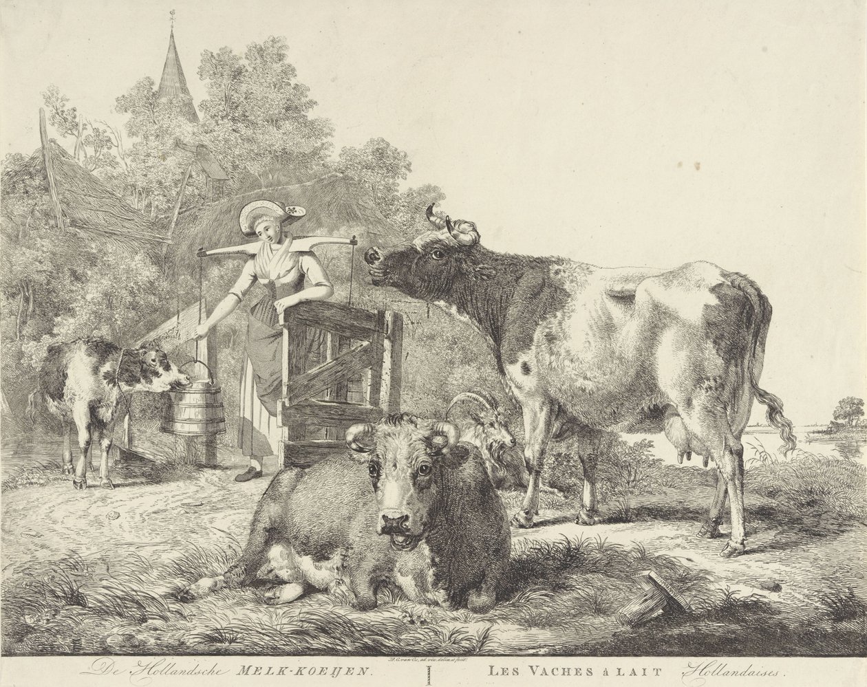 İnekler ve sütçü De Hollandsche Melk-koeijen/ Les vaches â lait hollandaises (nesne üzerindeki başlık) by Pieter Gerardus van Os