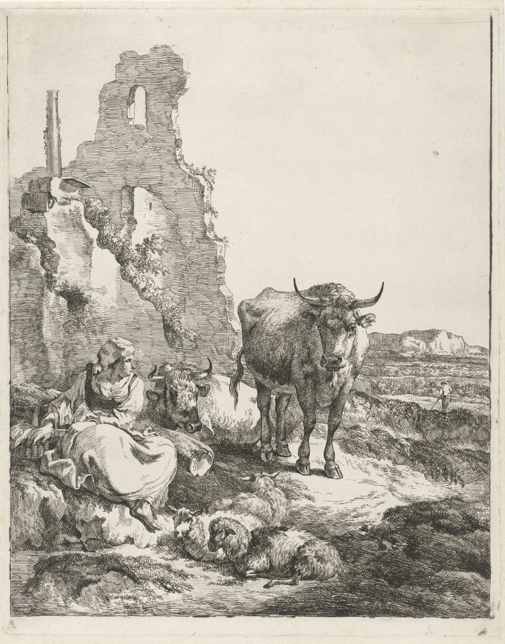 Bir harabenin önünde duran ve yatan inek ve çoban ile manzara by Pieter Gerardus van Os