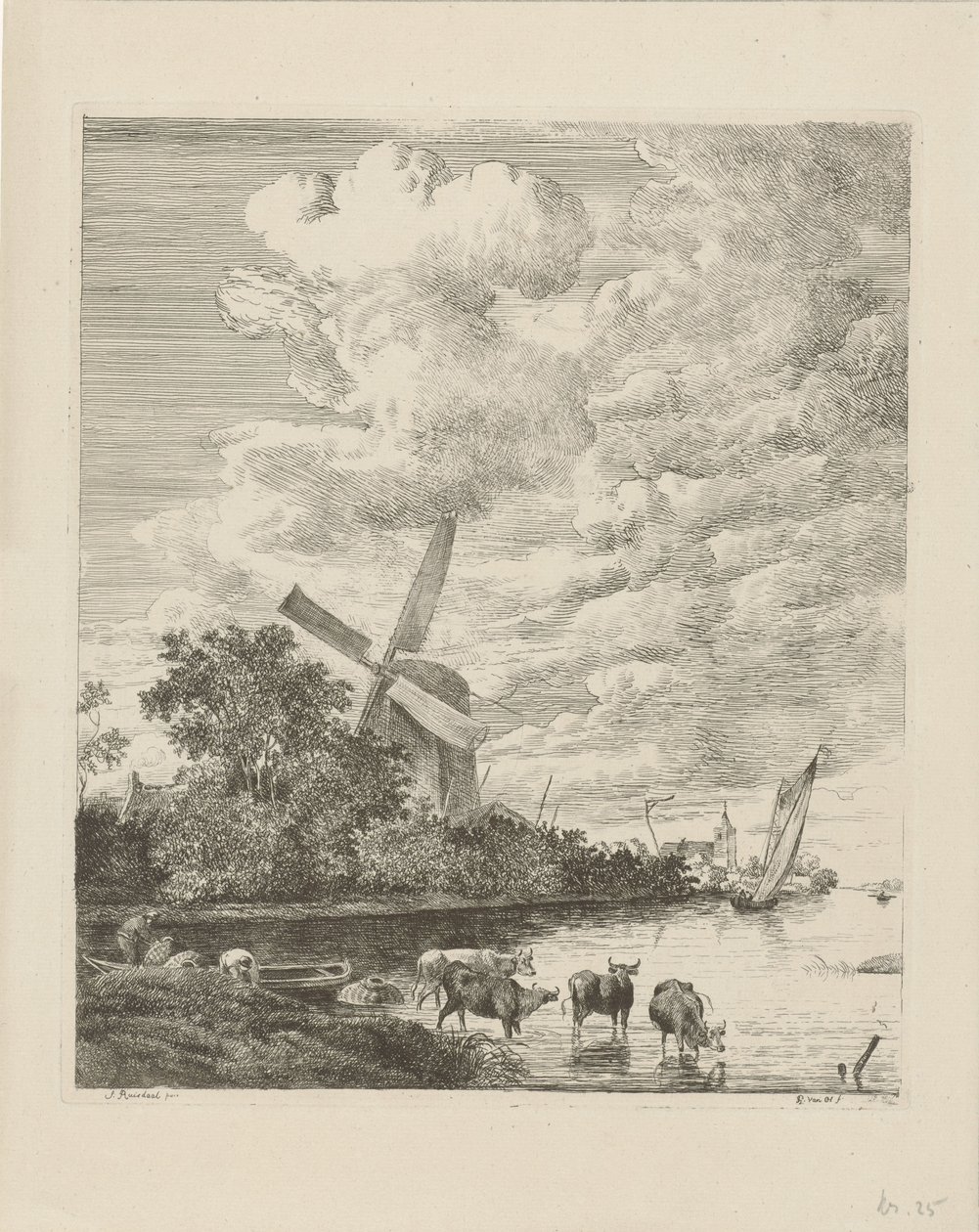 Değirmen ve suda inekler ile nehir manzarası by Pieter Gerardus van Os